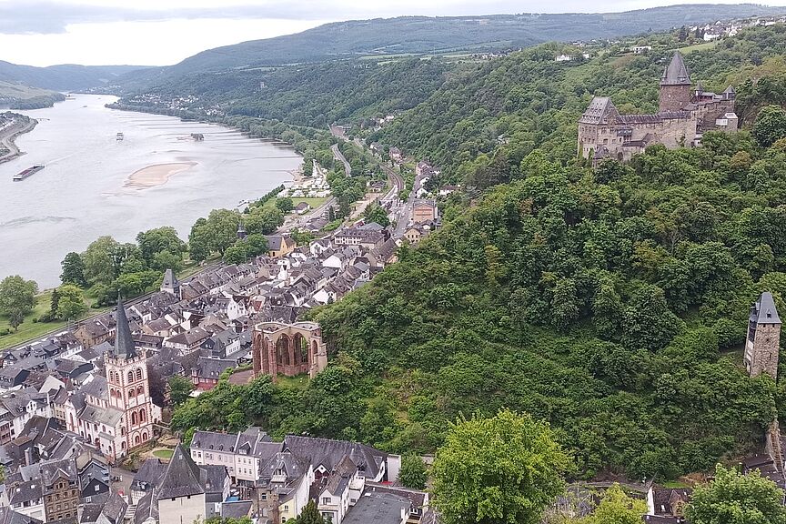 2026-10-27_Mittelrheintal.jpg Das Bild zeigt einen malerischen Blick auf Bacharach, eine Stadt am Rhein. Im Vordergrund befindet sich eine Ansammlung von Gebäuden, darunter eine markante Kirche mit hohem Turm. Die Stadt liegt eingebettet zwischen üppig grünen Hügeln, die auf beiden Seiten steil ansteigen. Rechts ist auf einem Hügel eine große Burg zu sehen, umgeben von dichtem Wald. Ein weiterer kleinerer Turm befindet sich weiter unten am Hügel. Der Rhein fließt entlang der Stadt, mit einer sichtbaren Sandbank in der Mitte des Flusses. Der Fluss schlängelt sich sanft ab und erstreckt sich in die Ferne, umgeben von weiteren Hügeln und Grün.